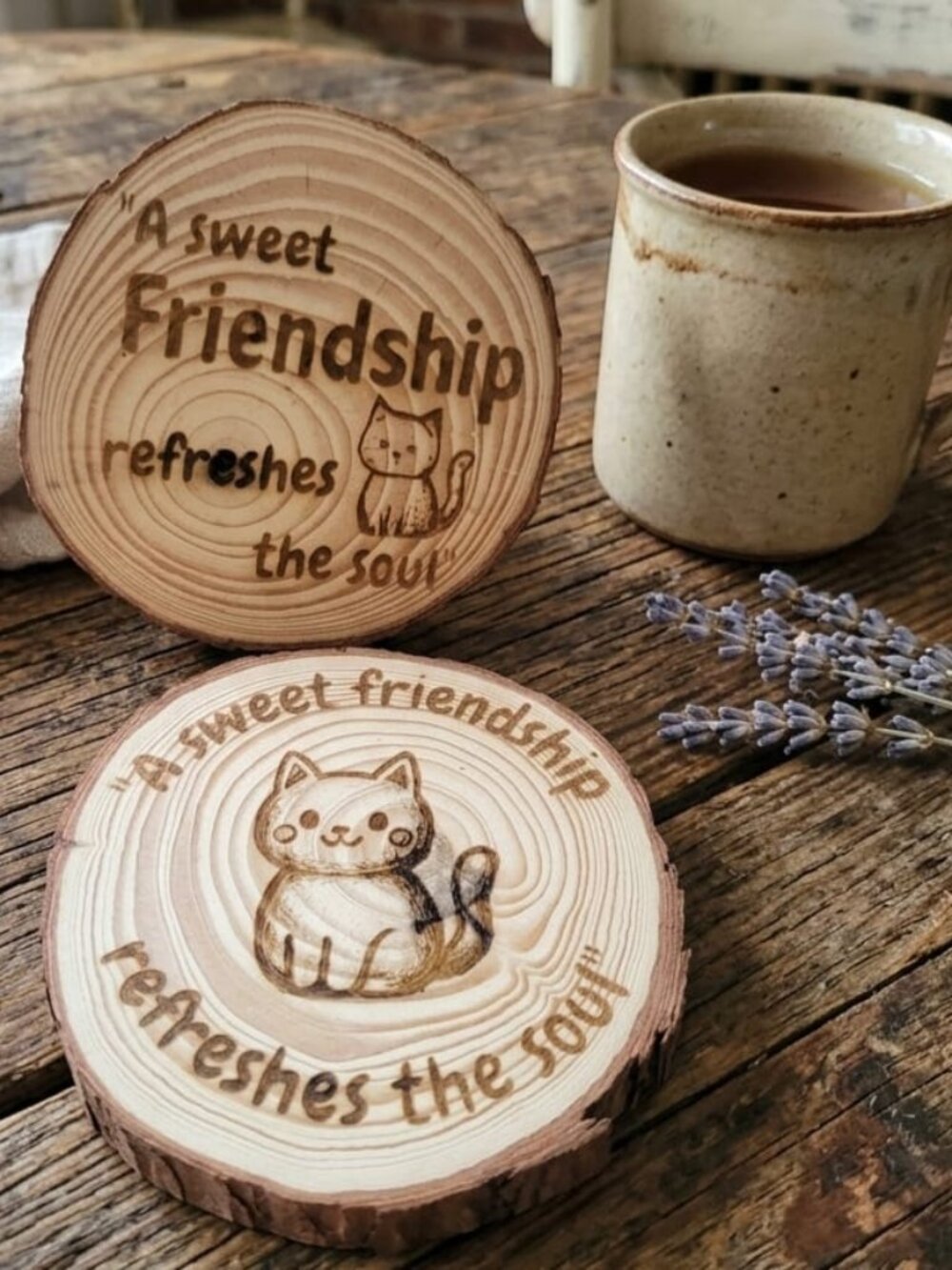 Wooden Coasters with Fur Friend Inspirational Quote